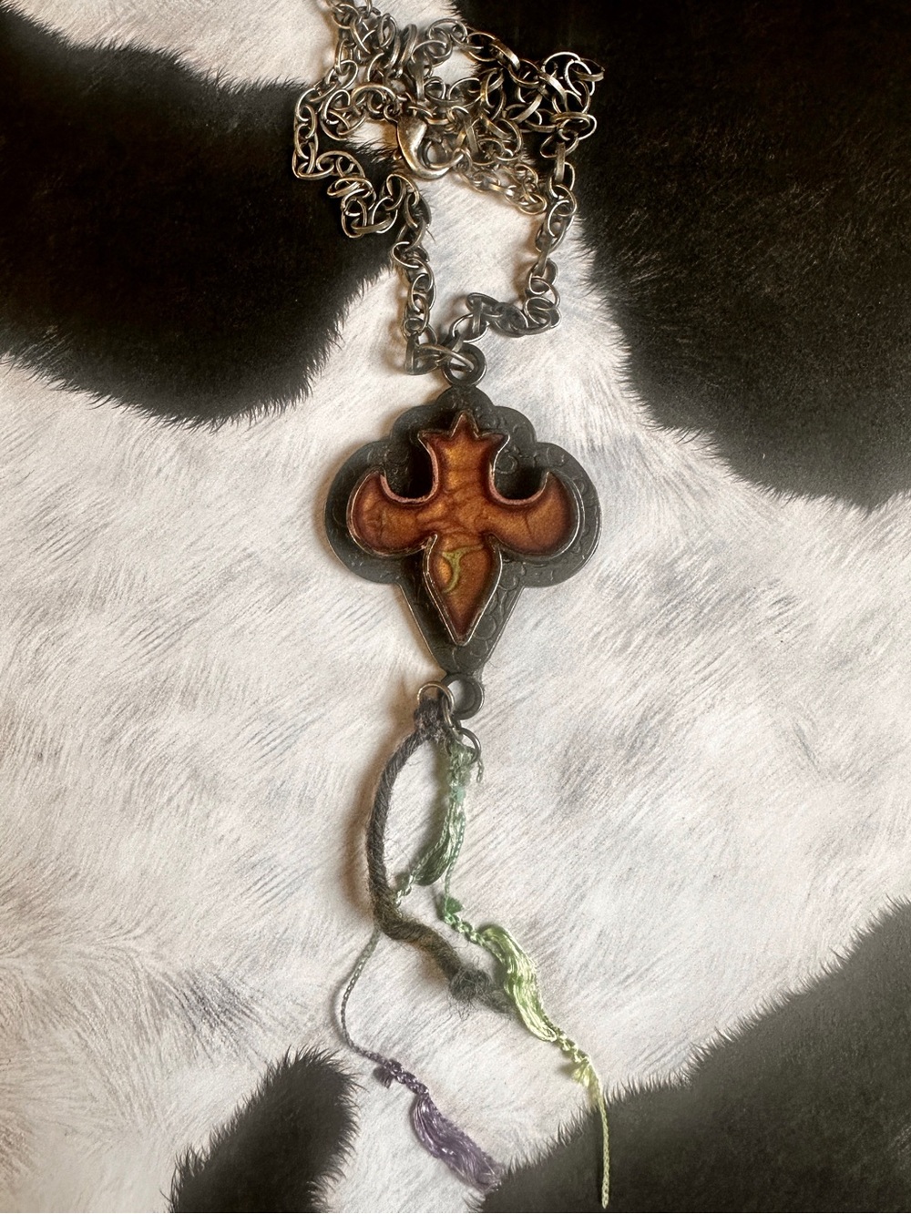 Antique Silver Gold Accent Pendant Necklace with Colorful Tassels